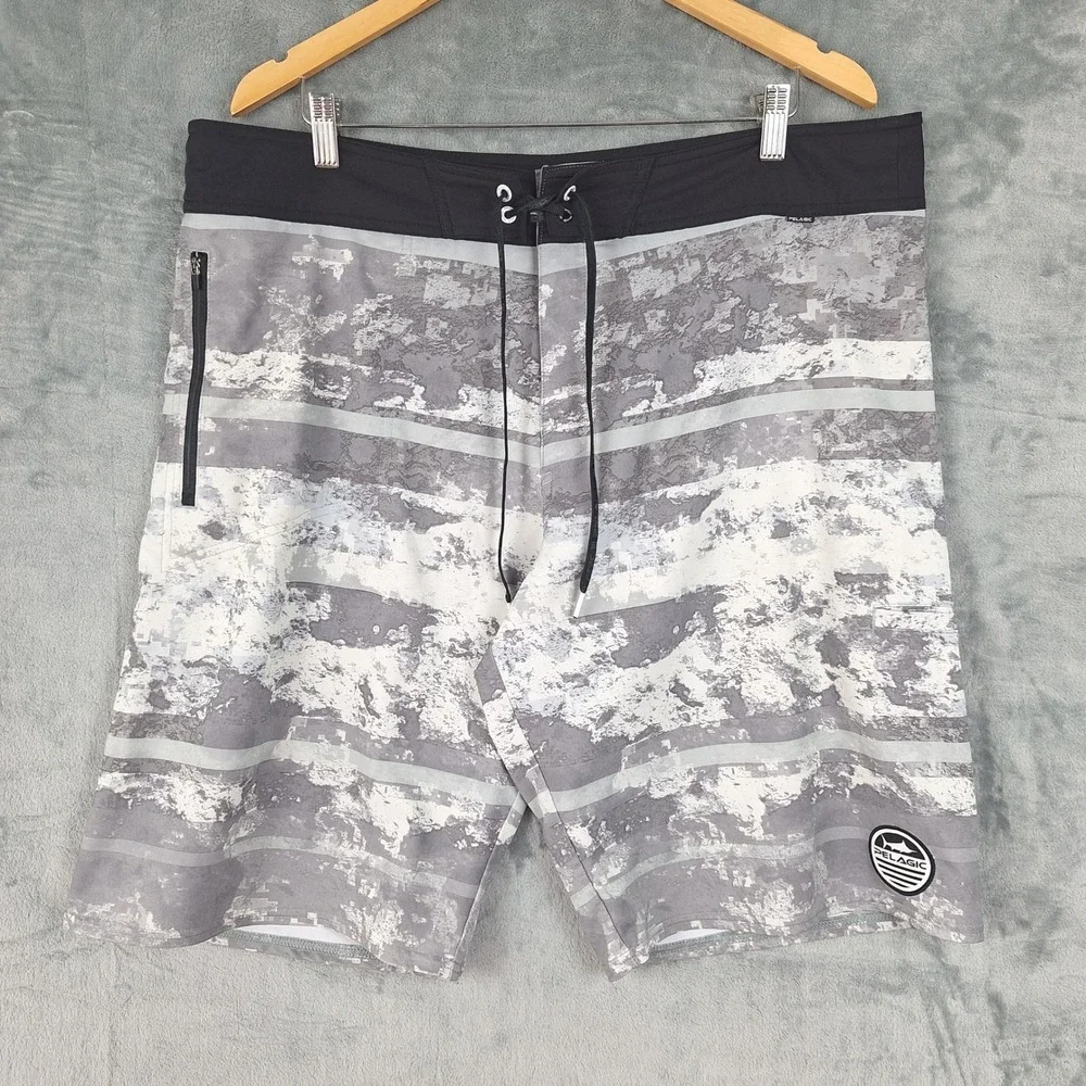Pelagic Board Shorts Mens 38 Gray Camo Argonaut Fishing Swim Trunks Performance